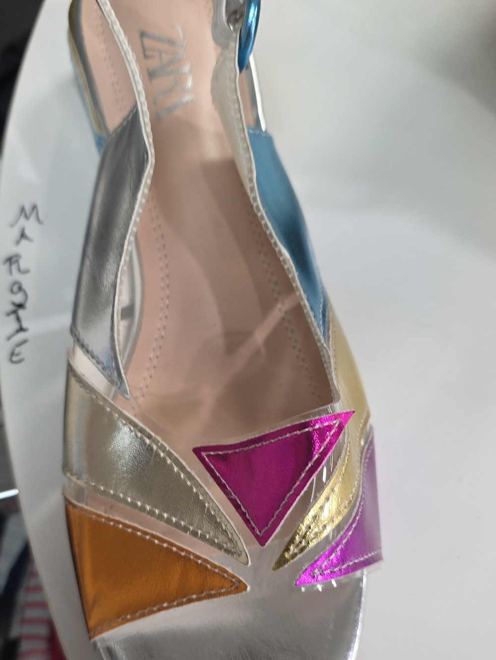Zara Metallic Silver Slingback Sandals with Pink, Gold and Orange Accents